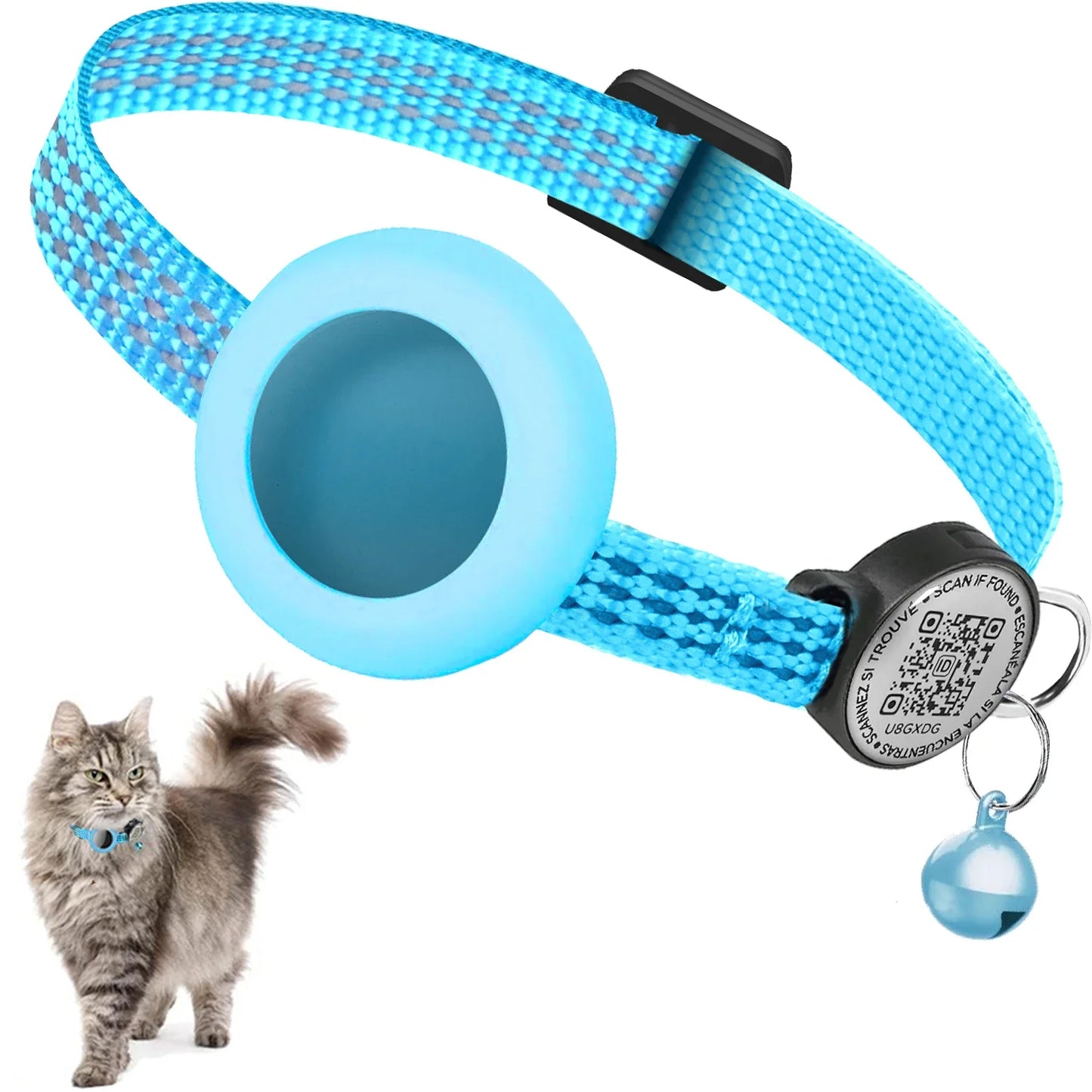 Reflective Cat Collar with Apple AirTag Holder, QR Name Tag, and Quick Release Buckle for Enhanced Safety and Anti-Loss Tracking