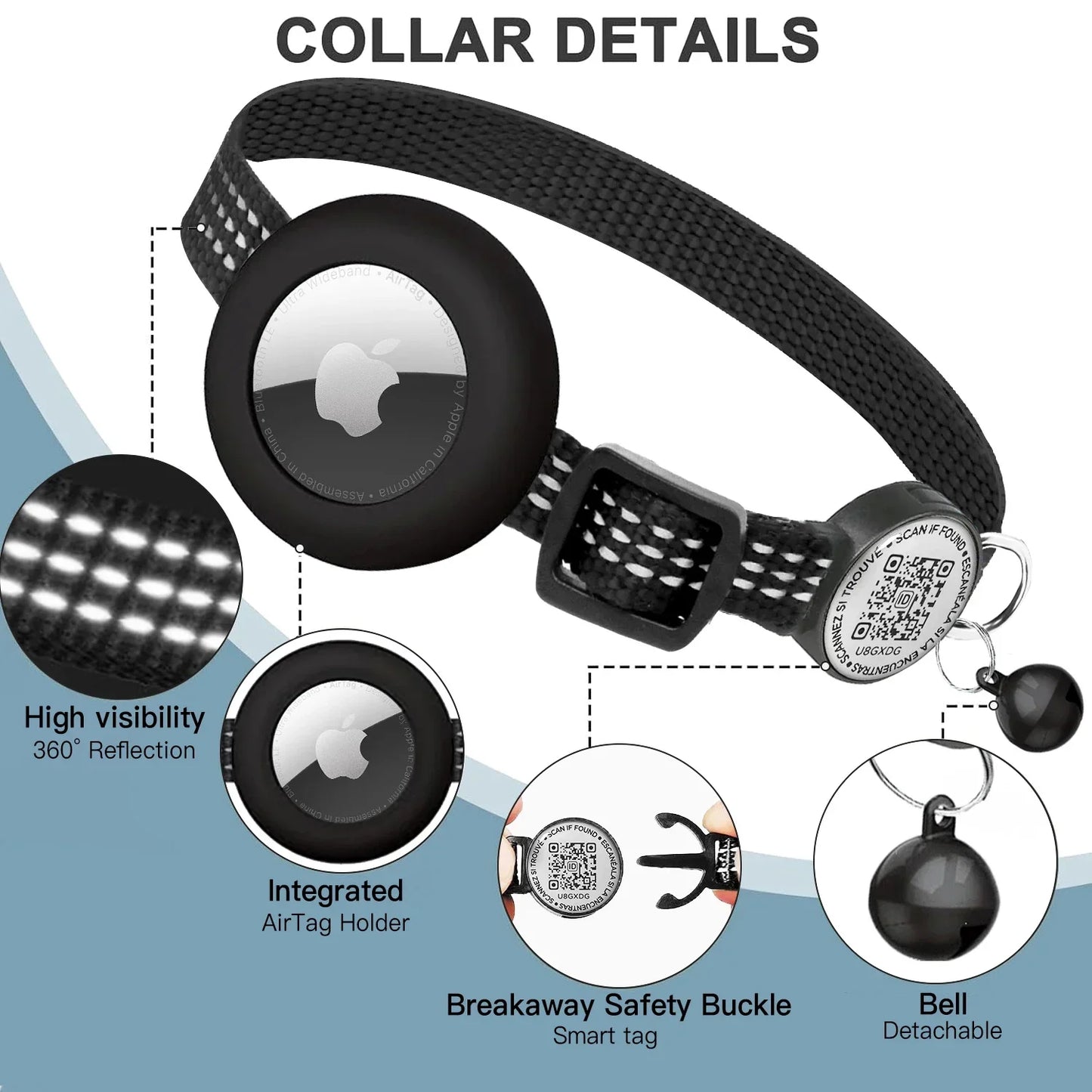 Reflective Cat Collar with Apple AirTag Holder, QR Name Tag, and Quick Release Buckle for Enhanced Safety and Anti-Loss Tracking