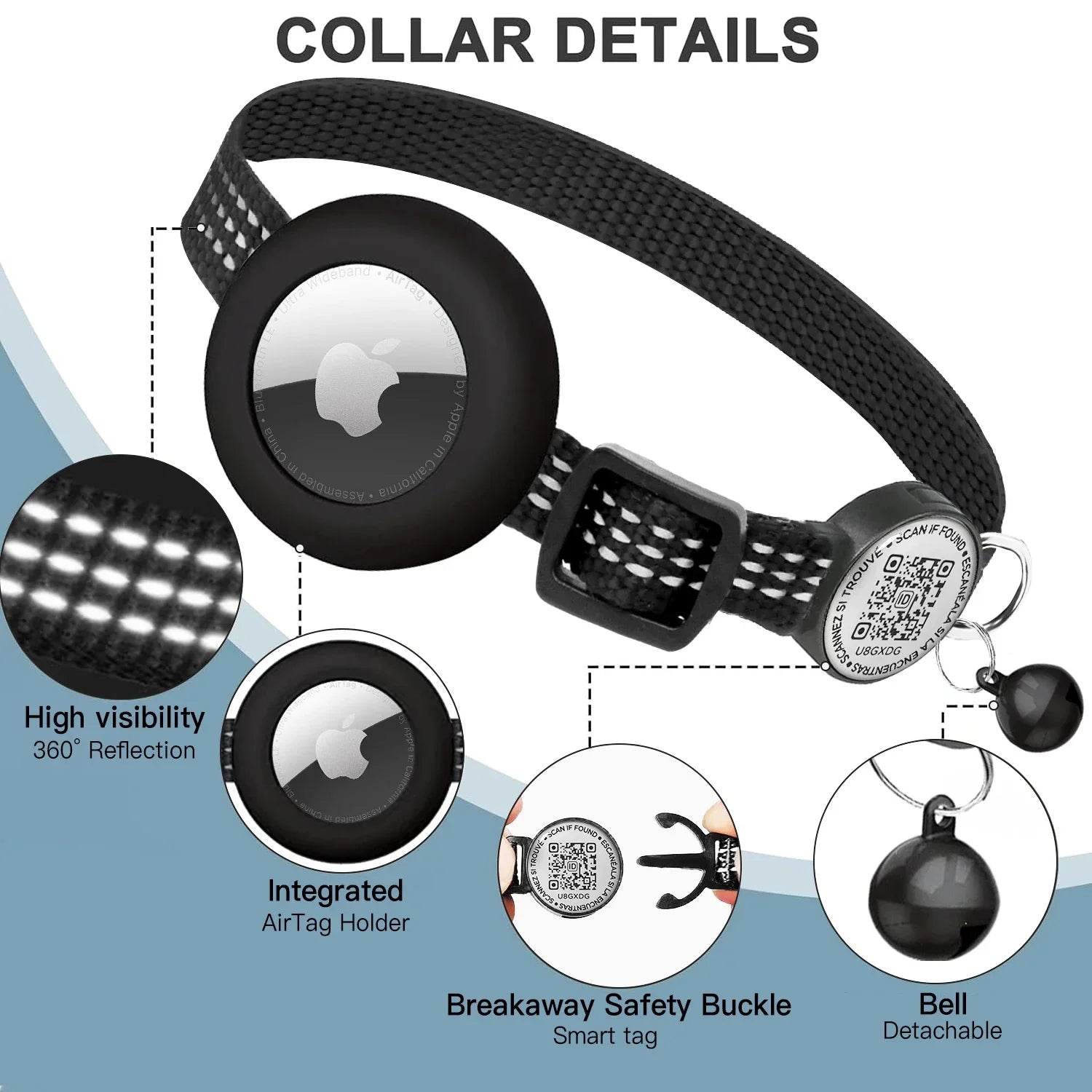 Reflective Cat Collar with Apple AirTag Holder, QR Name Tag, and Quick Release Buckle for Enhanced Safety and Anti-Loss Tracking