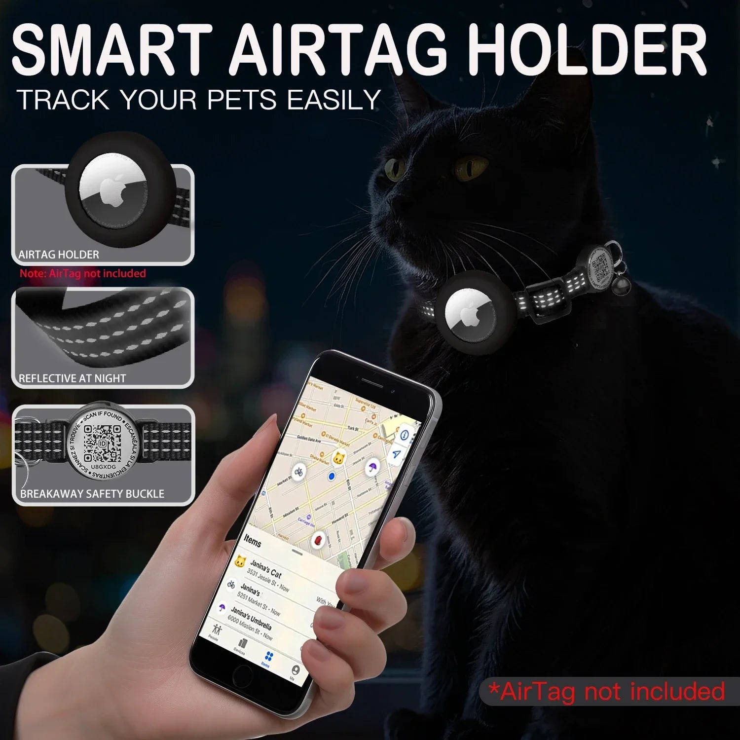Reflective Cat Collar with Apple AirTag Holder, QR Name Tag, and Quick Release Buckle for Enhanced Safety and Anti-Loss Tracking