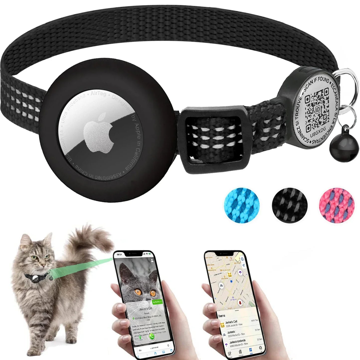 Reflective Cat Collar with Apple AirTag Holder, QR Name Tag, and Quick Release Buckle for Enhanced Safety and Anti-Loss Tracking