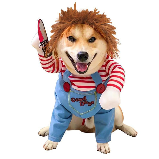 2025 New Funny Dog Costume with Pet Wig, Role Play Horror Costume with Knife, Creative Pet Costume Suitable for Small, Medium and Large Dogs, Cats and Puppies, Halloween Costume Funny