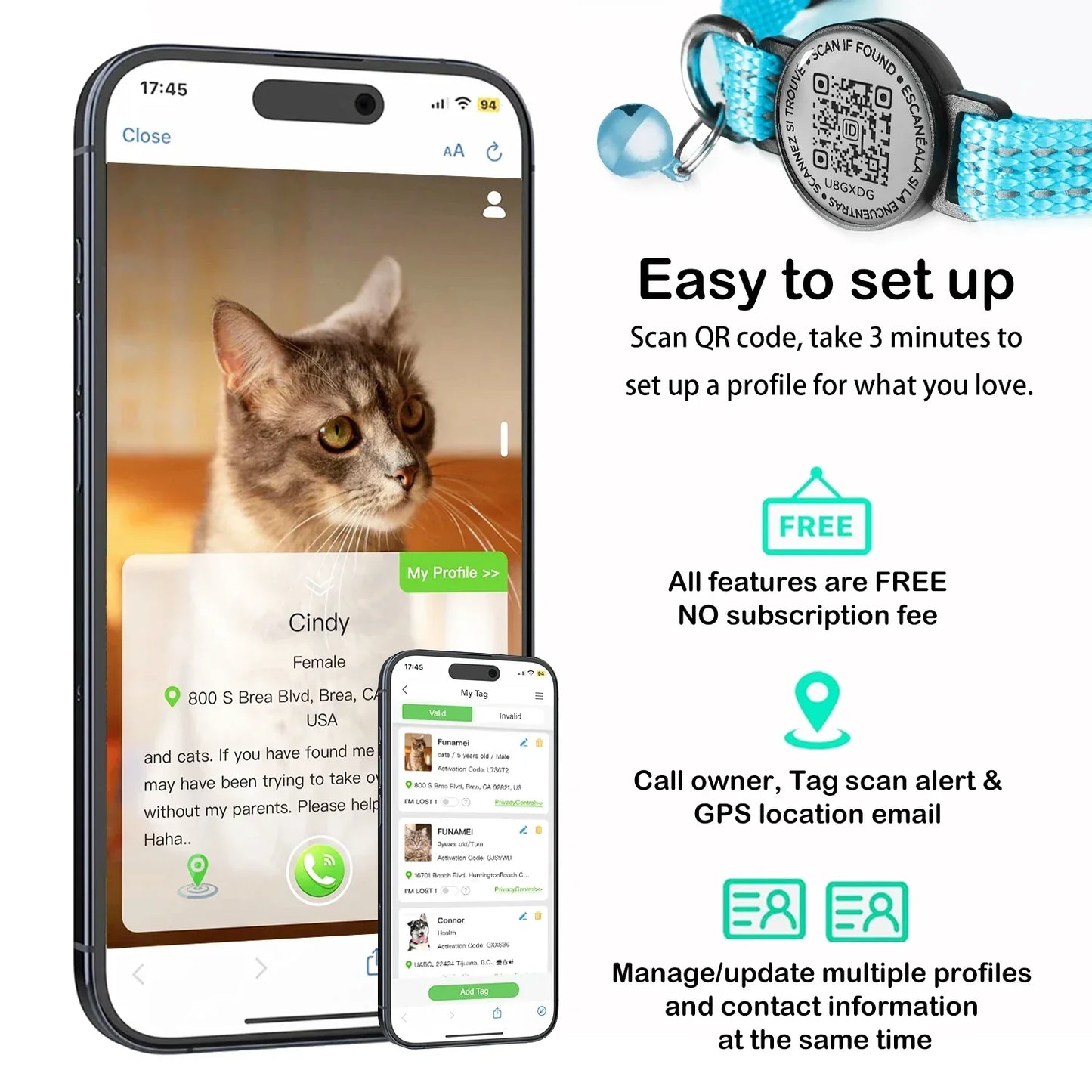 Reflective Cat Collar with Apple AirTag Holder, QR Name Tag, and Quick Release Buckle for Enhanced Safety and Anti-Loss Tracking