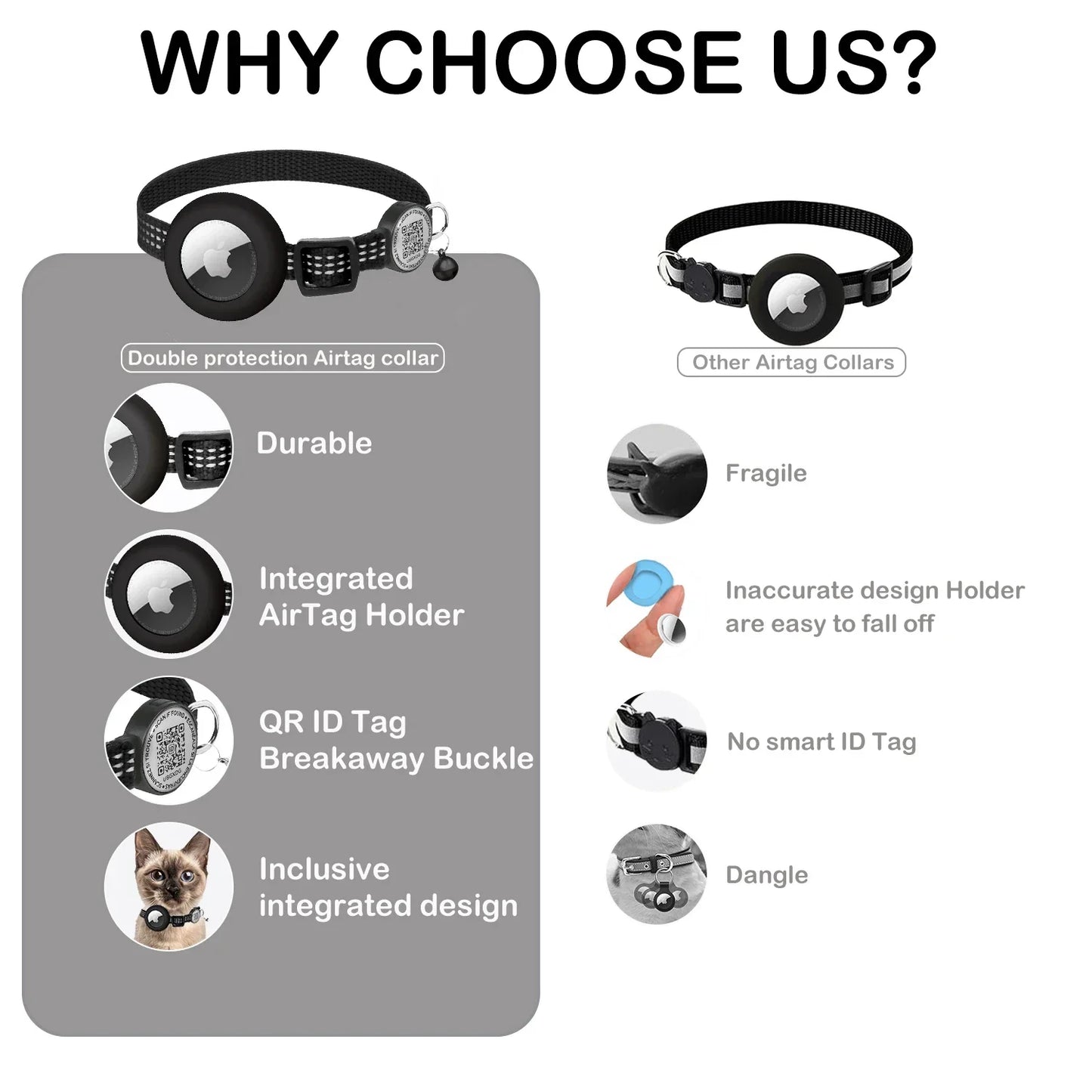 Reflective Cat Collar with Apple AirTag Holder, QR Name Tag, and Quick Release Buckle for Enhanced Safety and Anti-Loss Tracking