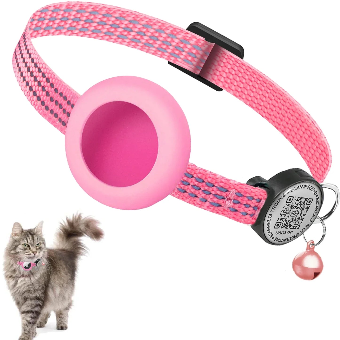 Reflective Cat Collar with Apple AirTag Holder, QR Name Tag, and Quick Release Buckle for Enhanced Safety and Anti-Loss Tracking