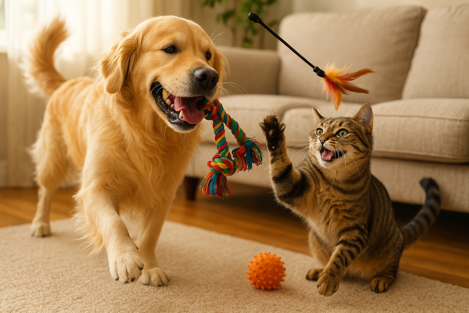 CREA LA IMAGEN DE UN PERRO Y UN GATO FELIZ JUAGANDO CON SUS JUGUETES DE MASCOTAS 